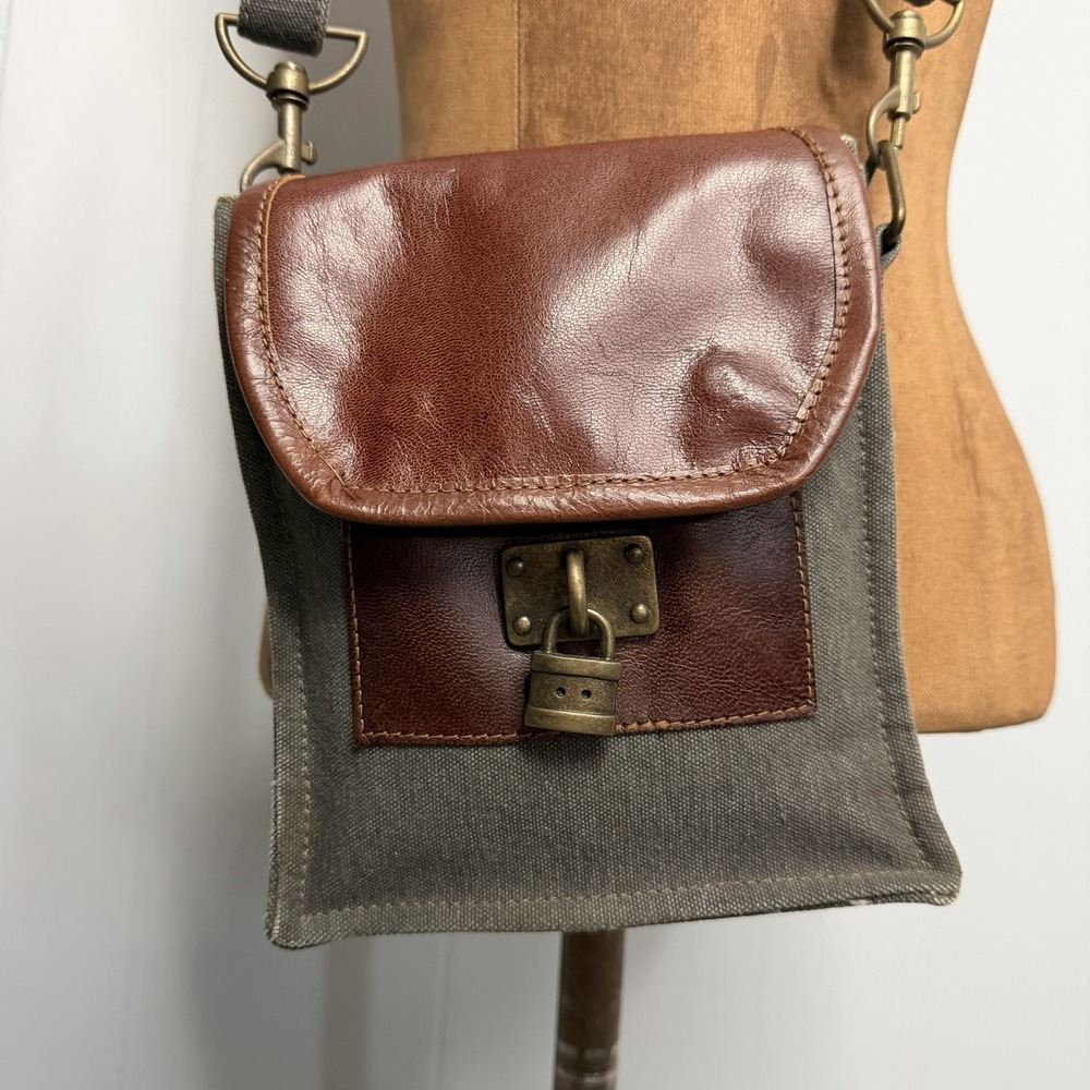 Mona B Upcycled Locksmith Crossbody Messenger Bag Canvas w/Leather